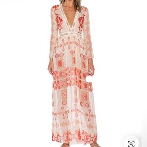 FOR LOVE AND LEMONS BARCELONA ORANGE YELLOW MAXI BOHO V-NECK DRESS WOMENS SZ XS